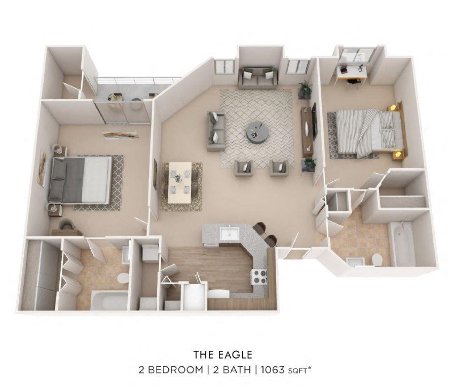 Floor plan for 2 beds, 2 baths, 1063 sqft